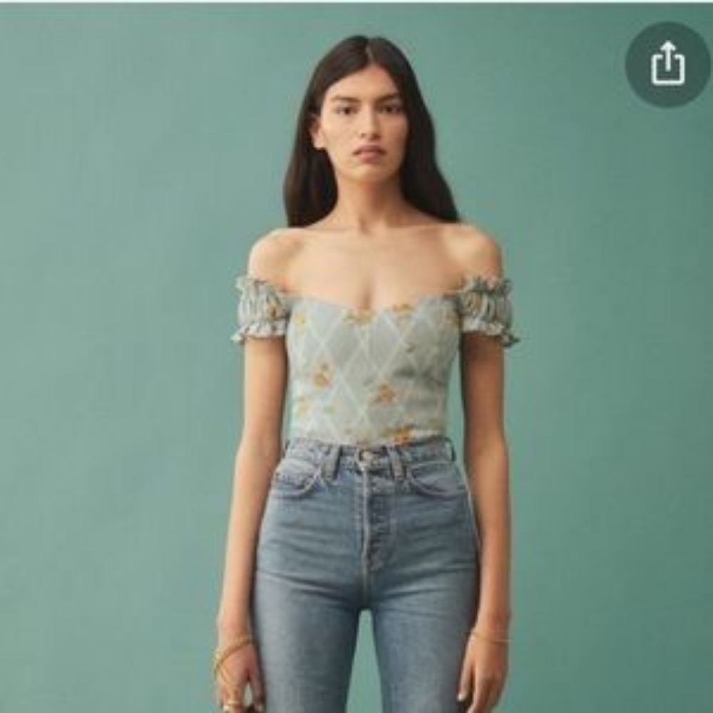 Reformation Alcove linen top in Celia floral gingham print